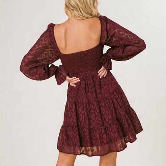 A. Calin Smocked Mini Dress Sz Medium Tiered Burgundy Scoop Neck Long Sleeve NWT - Picture 9 of 13